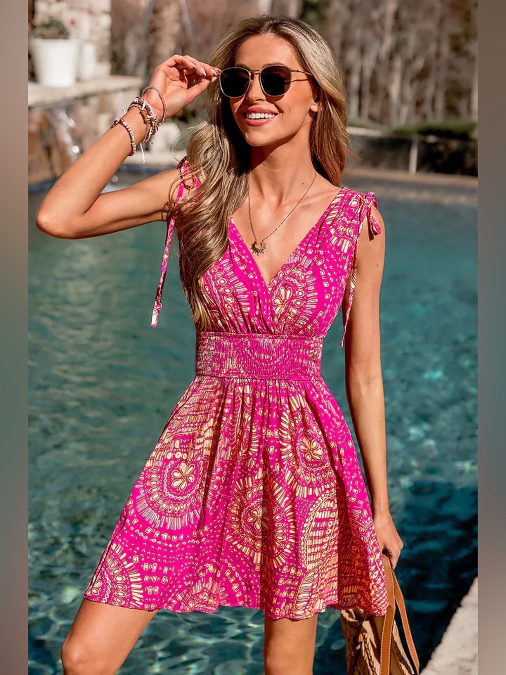 Cupshe: Boho Tie-Shoulder Sundress in Hot Pink